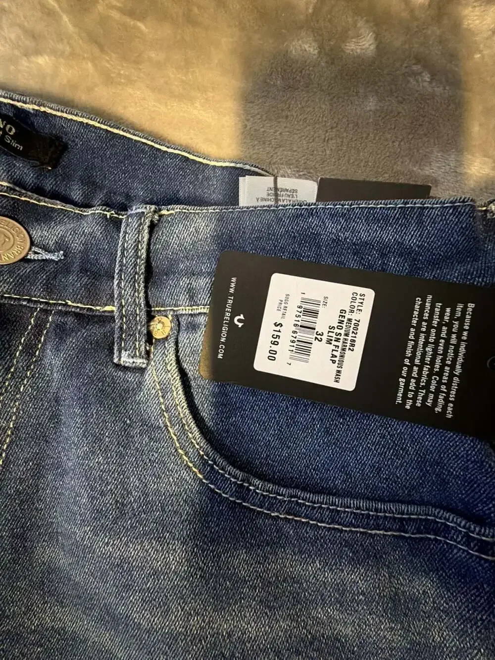 True Religion Geno Sn Flap Slim Jeans Medium Harmonious Wash Size 32